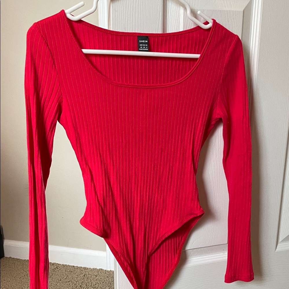 SHEIN Red Ribbed Long Sleeve Scoop Neck Bodysuit